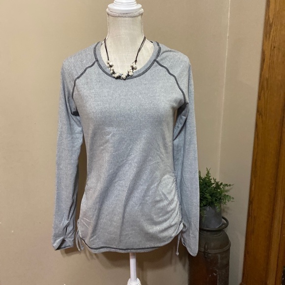 𝅺LUCY Women's LS Top Ruched Side Tie Mesh Back Thumbholes S - Picture 1 of 10